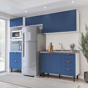 Cozinha Pérola Completa 4 Peças Torre Quente Basculante Aéreo 3 Portas e Balcão 2 Gavetas 3 Portas Y Branco/Azul