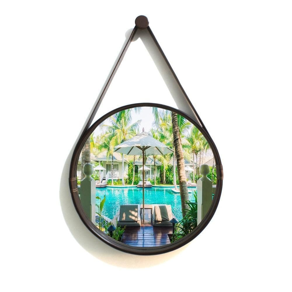 Espelho Redondo Decorativo Moldura Alça De Couro 50Cm Café