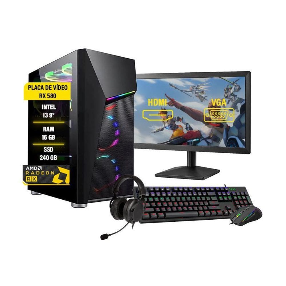 Pc Gamer Completo I3 9 16Gb Rx 580 8Gb Ssd 240 1Tb+ Monitor