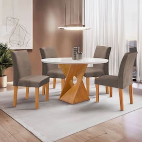 Conjunto Mesa Barcelona 100cmx100cm 4 Cadeiras Espanha Tampo Slim Plus Redondo Vidro Yescasa Cinamomo/Off White/Bege