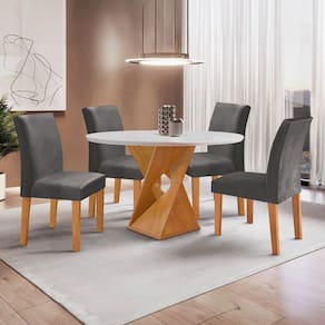 Conjunto Mesa Barcelona 100cmx100cm 4 Cadeiras Espanha Tampo Slim Plus Redondo Yescasa Cinamomo/Off White/Cinza
