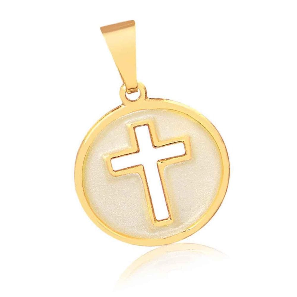 Pingente Redondo Cruz Madrepérola Banhada A Ouro 18K