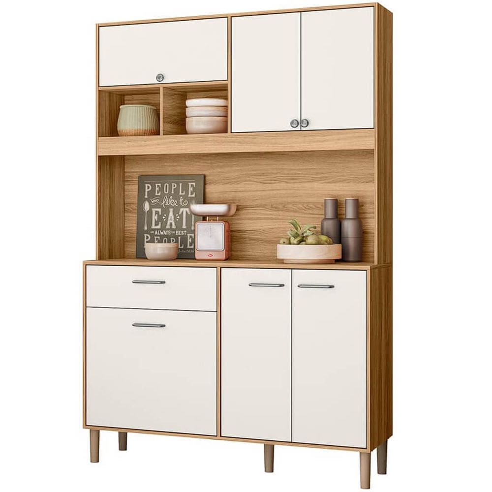 Armário de Cozinha Erva Doce 120cm 6 Portas 1 Gaveta Nicioli Cor Freijó Off White