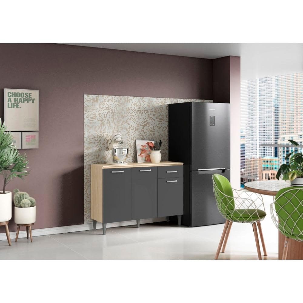 Balcão de Cozinha Atenas com tampo 3 portas 1 Gaveta Avena / Grafito - Aramoveis