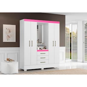 Guarda Roupa Casal Capelinha Com Espelho Paris Branco / Rosa - Aramóveis