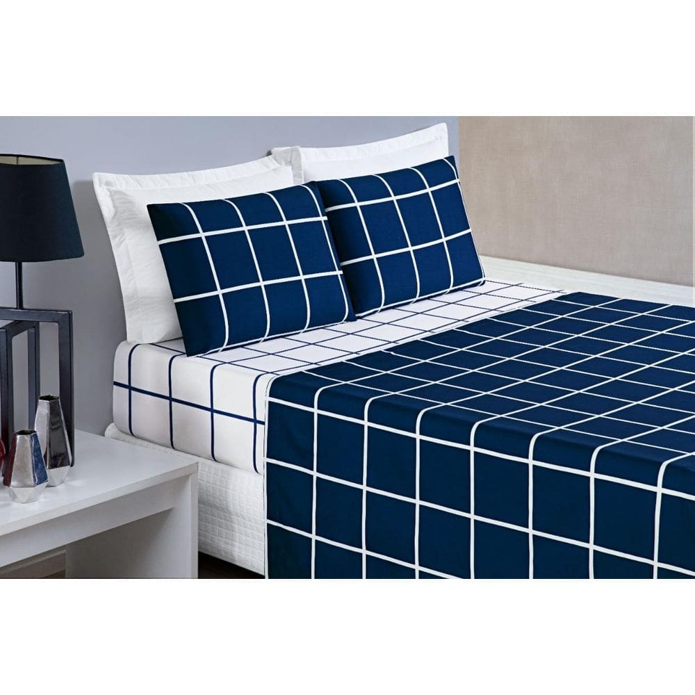 Conjunto Lençol Casal Queen Size Austin Xadrez Azul 200 Fios