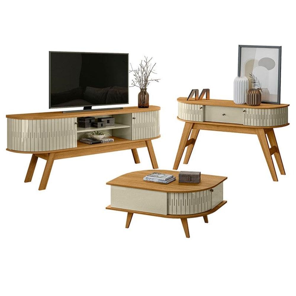 Rack Bancada Valência e Aparador Estoril com Mesa de Centro Indianápolis Cumaru Opala – Madetec