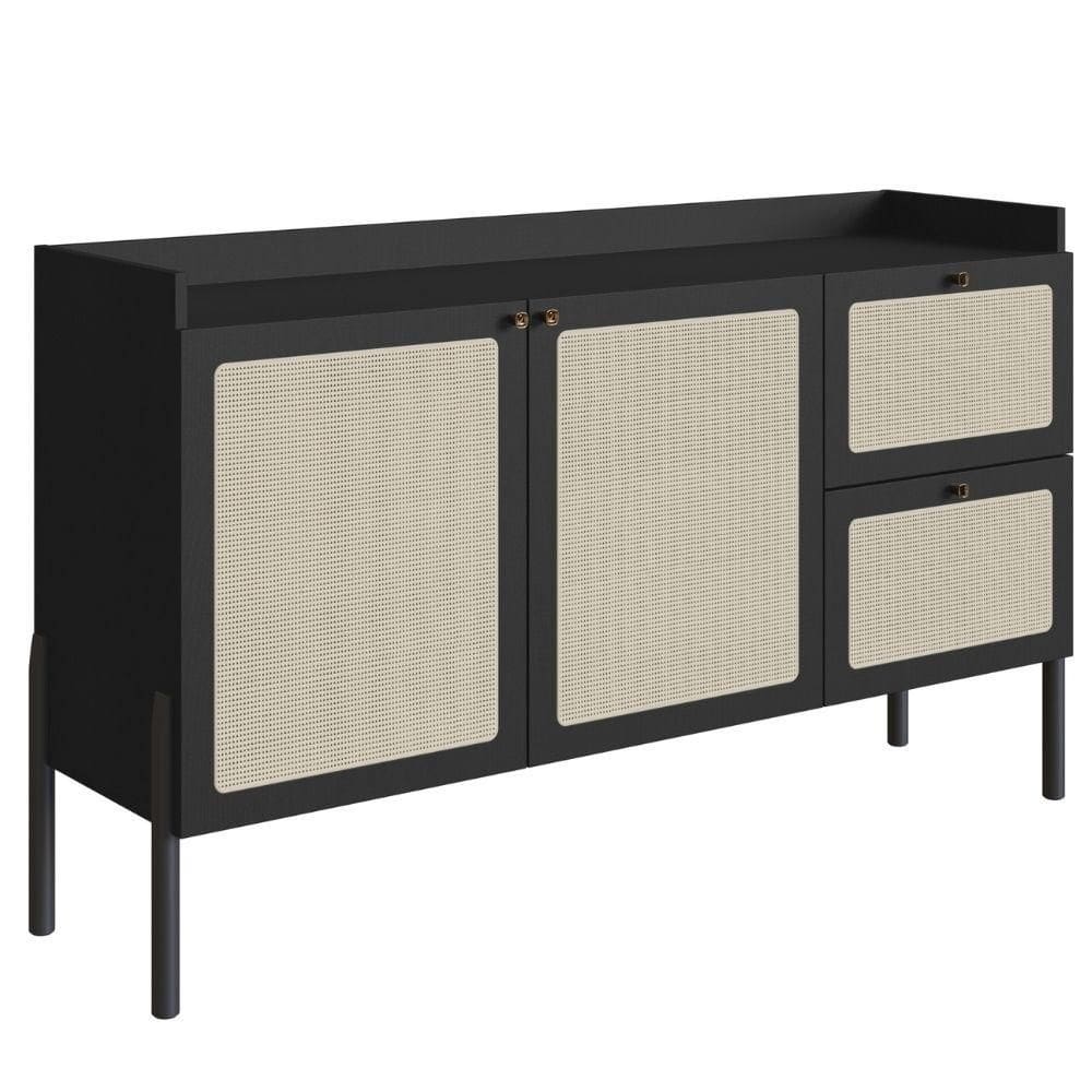 Balcão Buffet 2 Portas Oslo Artesano 139 cm (largura) MDP Nero Palha Sintética Bege Pé Madeira