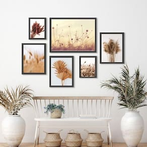 Kit 6 Quadros Neutros Folhas Secas Paisagens - Madeira Preta