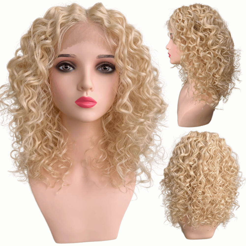 Peruca Cacheada Loira Front Lace 13x1 HD média orgânica