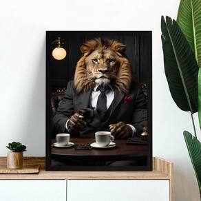 Quadro Leão Tomando Café 33X24Cm - Com Vidro