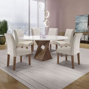 Conjunto Mesa Barcelona 120cmx120cm 6 Cadeiras Espanha Tampo Plus Redondo Vidro Yescasa Chocolate/Off White/Gelo