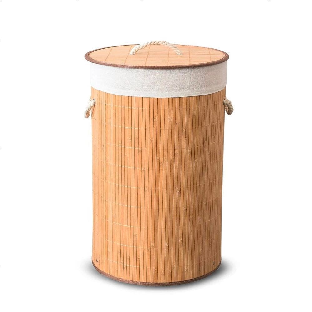 Cesto Redondo de Bambu Rústico Tampa Organizador Decorativo Multiuso Roupas Sujas Forrado Dobrável Ideal Lavanderia Banh