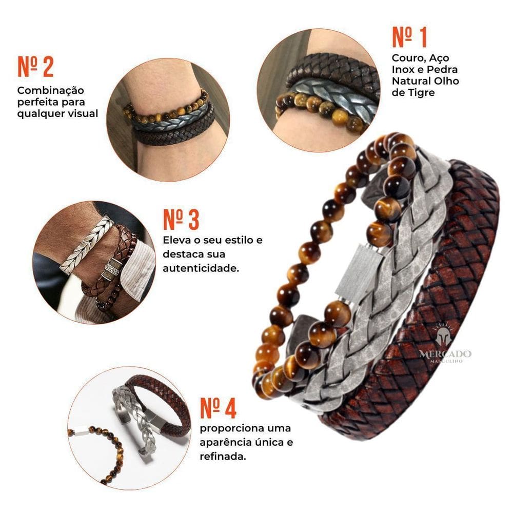 Kit Pulseiras Olhos De Tigre Couro Trançado E Aço Inox