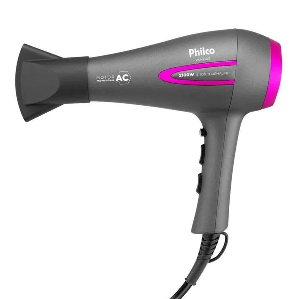 Secador de Cabelo Philco PSA3300 Ions Tourmal | 2 Velocidades 3 Temperaturas, 2100W, Cinza/Rosa