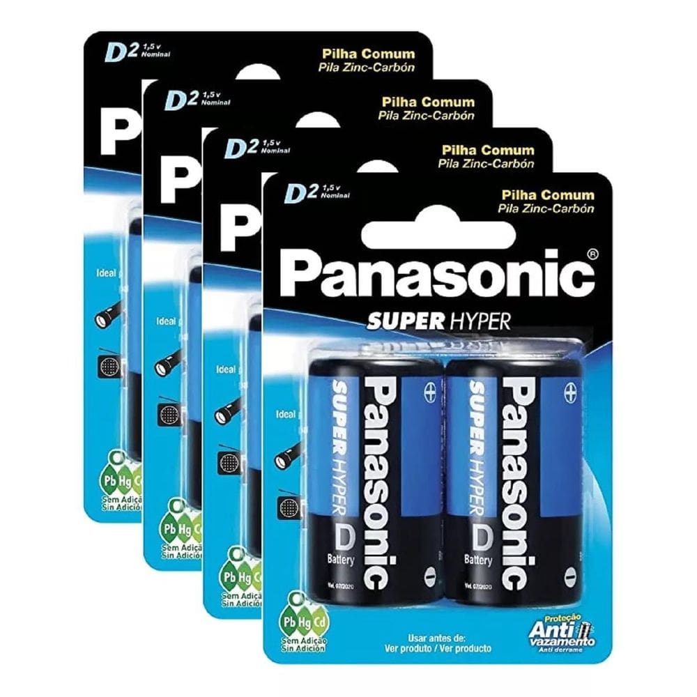 8 Pilhas Grande D Panasonic Comum R20 4 Cartelas C/2 Rádio