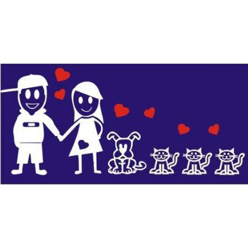 Adesivo Carro Familia Feliz - Casal + 1 Cachorro + 3 Gatos