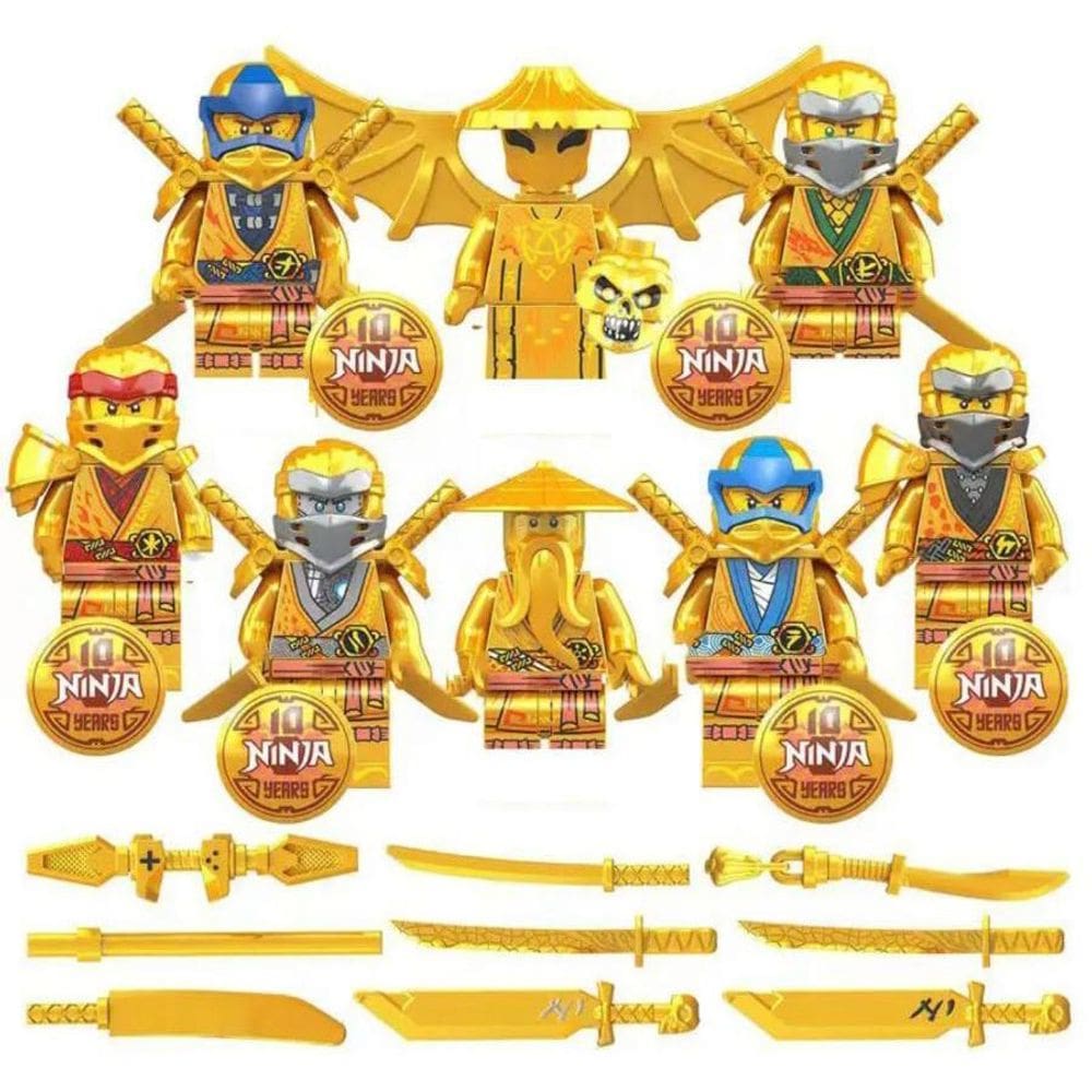 Kit 8 Bonecos Blocos De Montar Dourado Escudo Ninjago