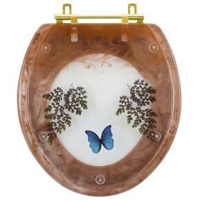 Assento Sanitário Decorado Oval Convencional Caramelo Com Borboleta Azul Com Ferragem Dourada