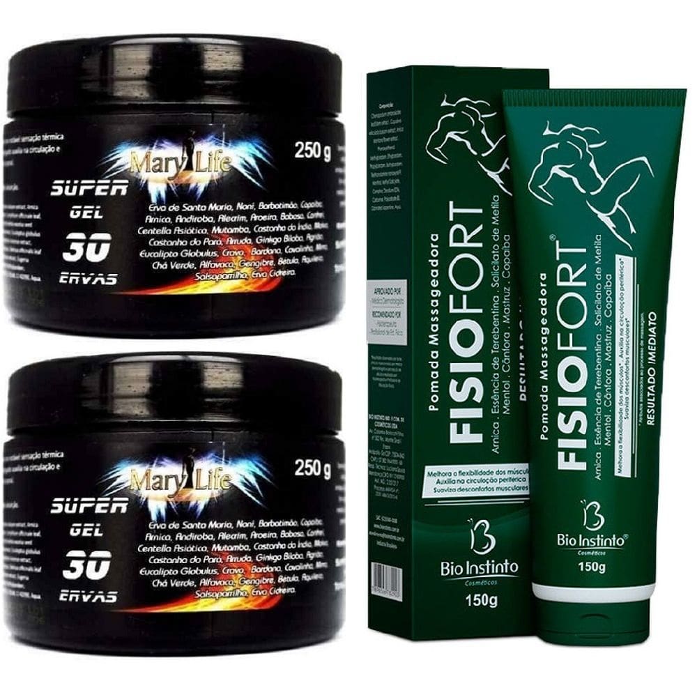 Kit 2 Pomada Massageadora Efeito Gelo Quente 250ml + 1 Pomada Fisio Fort 150ml