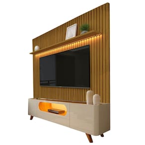 Rack com Painel Nobre Sem Nicho 230cm para TV até 85 Polegadas Ripado com LED 2 Portas 1 Gaveta Gelius Cor Off White Nat