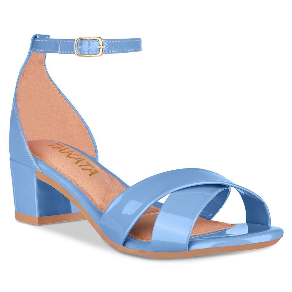 Sandália Feminina Salto Grosso Tiras Cruzadas Verniz