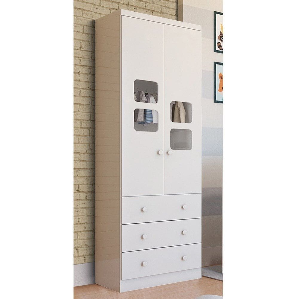 Guarda-roupa Infantil 61,70cm 2 Portas com Janelas e 3 Gavetas sem Pés 100% Mdf Mimo Espresso Móveis Branco