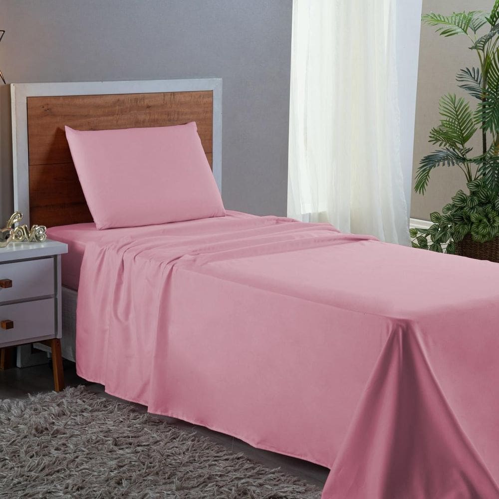 Jogo Cama Solteiro 3pç Lençol+Fronha Percal 400 Fios Rosê