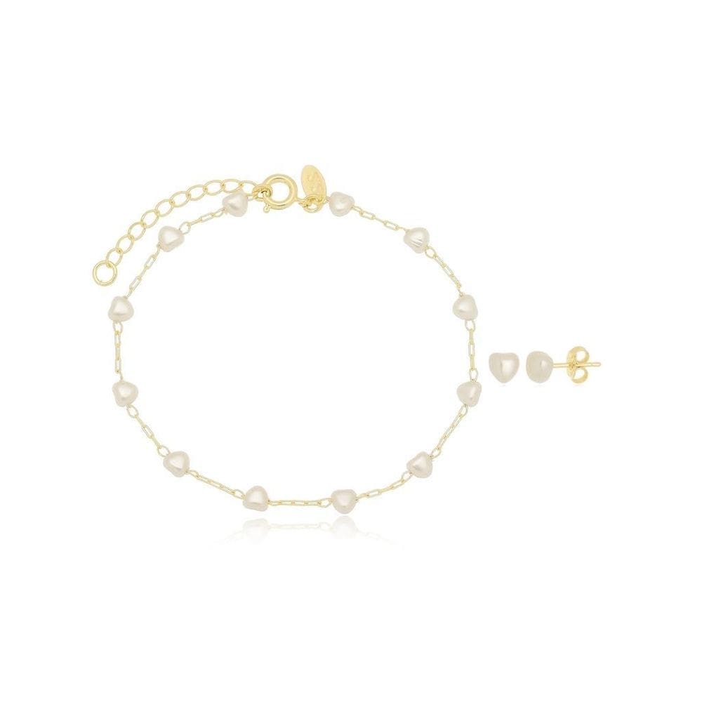 Pulseira E Brinco Pérola Coração Banhado A Ouro 18K