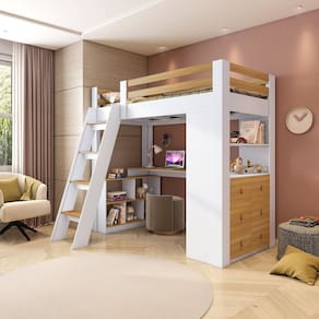 Cama Office Infantil Multifuncional com 6 Gavetas e Escrivaninha Micenas Yescasa Branco/Freijó