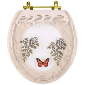 Assento Sanitário Poliester Decorado Oval Convencional Creme Avenca com Borboleta Vermelha Com Ferragem Dourada