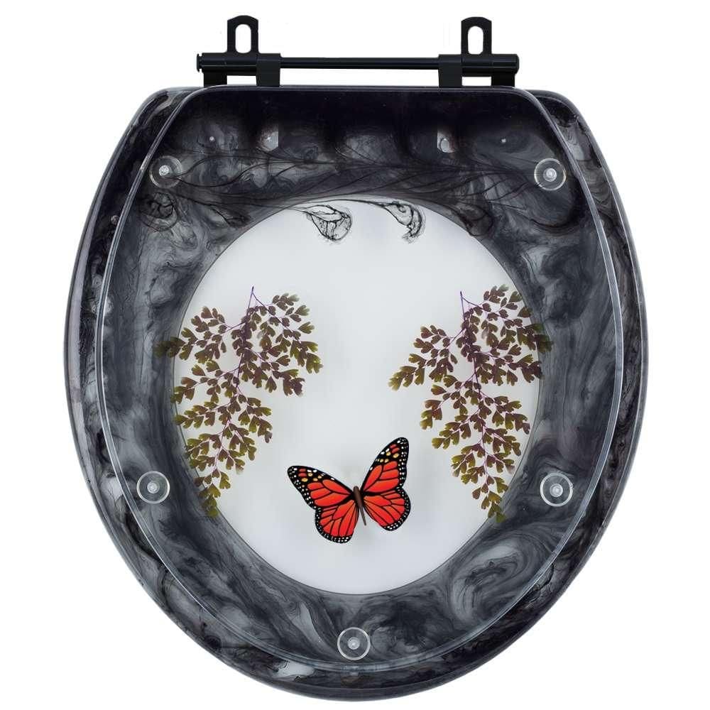 Assento Sanitário Poliester Decorado Oval Convencional Preto Avenca com Borboleta Vermelha com Ferragem Preta