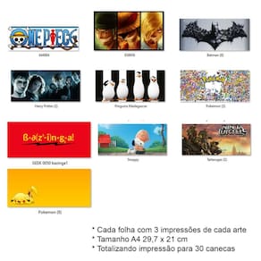 Kit Impressão Folha Sublimática Canecas Animes E Desenhos A4