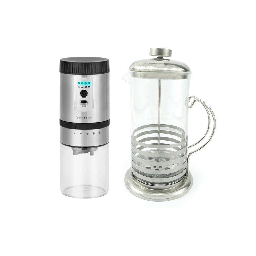 Kit Cafeteira Prensa Francesa Vidro 600Ml E Moedor Grãos