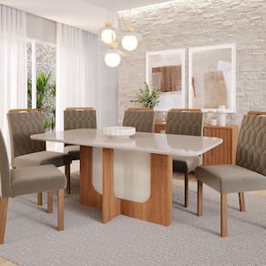 Sala de Jantar Louise 180cm com 6 Cadeiras Paola Wood Cinamomo/ Off Joli