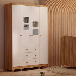 Guarda-roupa Infantil 4 Portas com Janelas e 3 Gavetas 100% Mdf Mimo Espresso Móveis Branco Brilho/Amêndoa