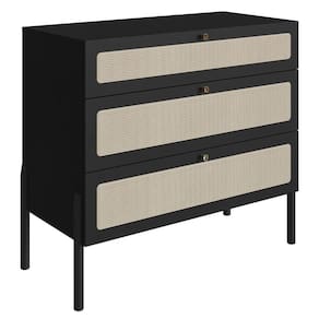 Cômoda 3 Gavetas Oslo Artesano 93 cm (largura) em MDP Nero Palha Sintética Bege Pé Madeira Maciça