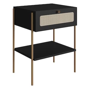 Mesa Cabeceira 1 Gaveta Oslo Artesano 48 cm (largura) MDP Nero Palha Sintética Bege Pé Metal Dourado
