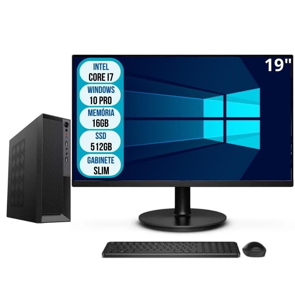 Computador Completo Slim Intel Core i7 16GB SSD 512GB Wifi Windows 10 Pro Monitor 19" 3green Office 3GO-035