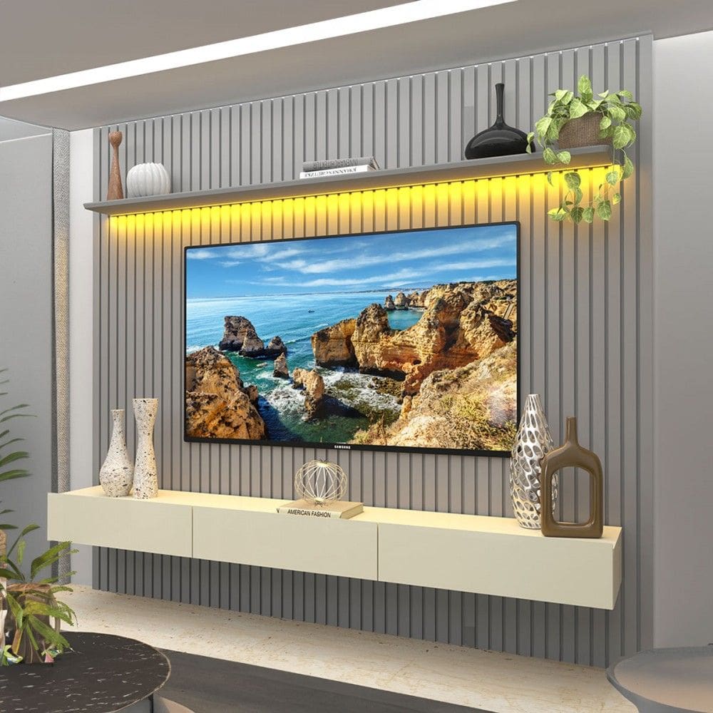 Painel para TV Até 85 Polegadas Nobre 3 Gavetas Ripado 100% Mdf Cinza/Off White - Gelius