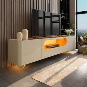 Rack para TV Até 85 Polegadas Nobre 2 Portas 1 Gaveta 100% Mdf com Led e Pés de Vidro Off White/Naturale - Gelius