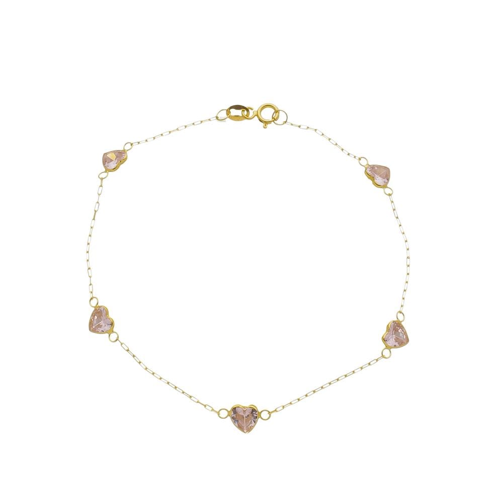 Pulseira Ouro 18k Feminina Coração Rosa De Zircônia