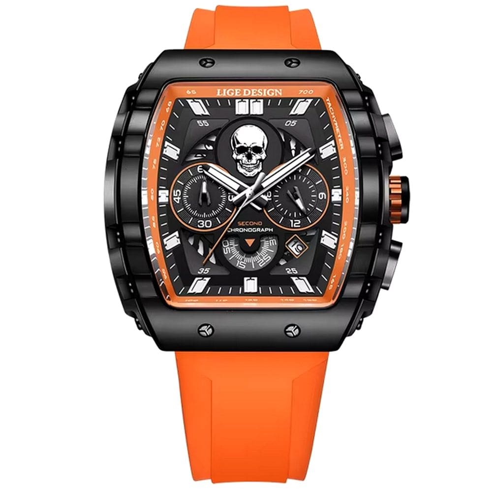 Relógio de Quartzo Impermeável Masculino Caveira Esportivo Casual Tonneau