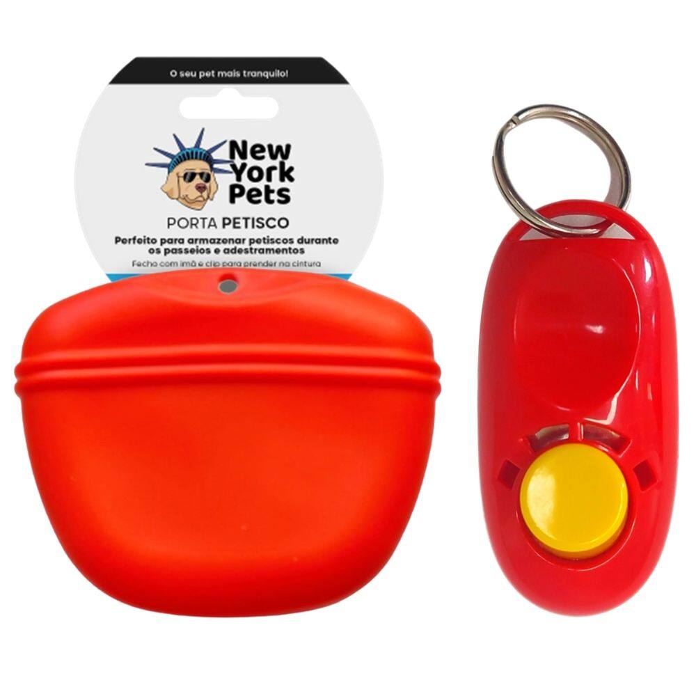 Bolsa de Silicone para Petiscos e Clicker Nyp para Treinamento e Adestramento de Animais de Estimação - Vermelho