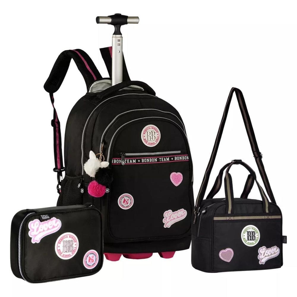 Kit Mochila Carrinho Estojo Lancheira Preta RB24001