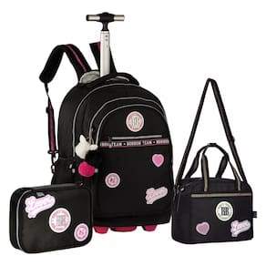 Kit Mochila Carrinho Estojo Lancheira Preta RB24001