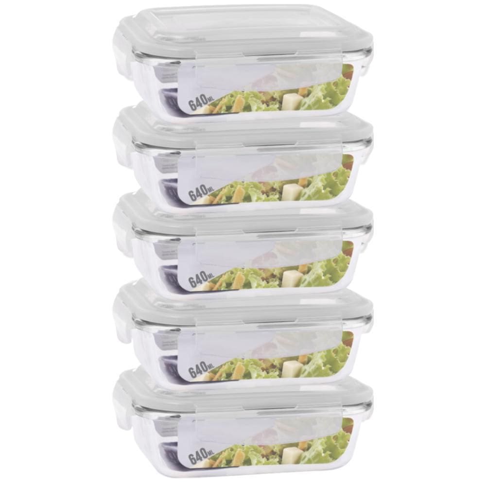 Conjunto 5 Pote Vidro Hermético Marmita Tampa 4 Travas 640Ml