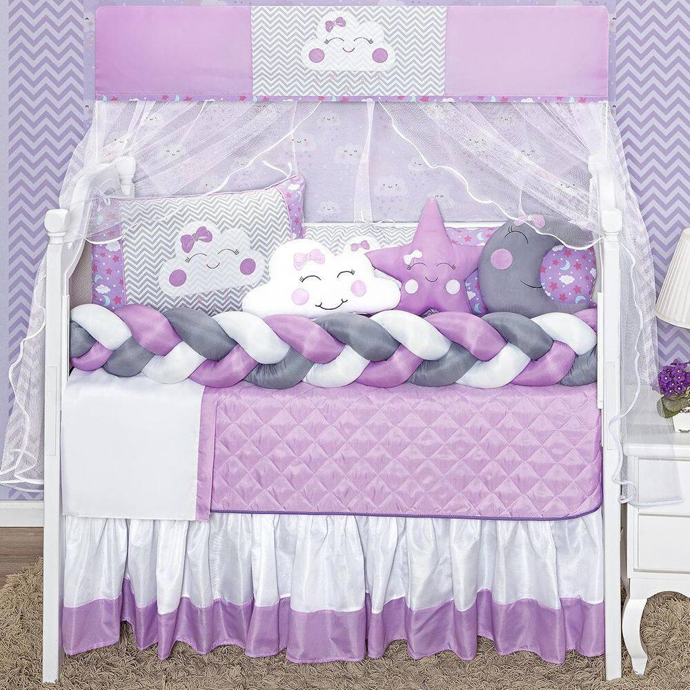 Kit Berço Feminino Nuvem Lua Lilás Completo 12p Saia Box