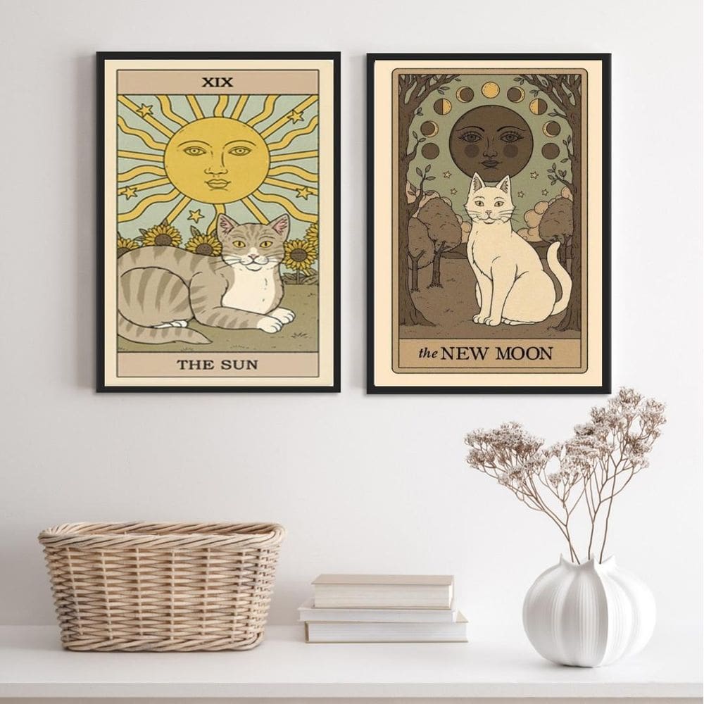 Kit 2 Quadros Cartas Tarot Gato- The Sun E The Moon 24X18Cm