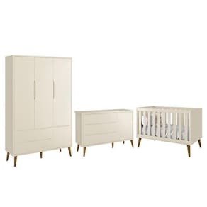 Dormitório Infantil Theo Retrô 3 Portas, Cômoda 1 Porta e Berço com Pés Amadeirado - Reller Móveis
